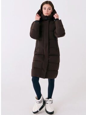 Lole Apres Long line City jacket Hooded Puffer Coat in Dark Brown NEW!